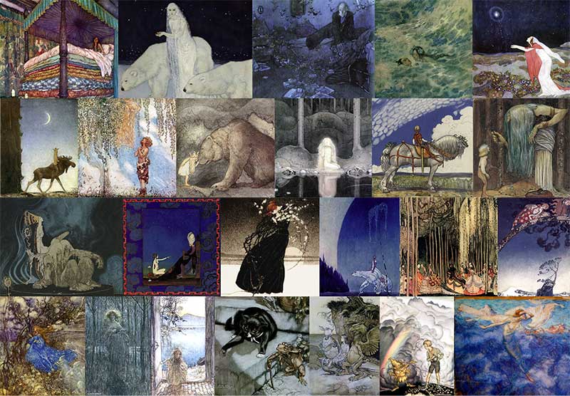 Pinned for later from artpassions.net:  Top Row: Edmund Dulac - Real Princess, Dreamer of Dreams, Entymologist's Dream, Little Mermaid, Stealers of Light.  Second Row: John Bauer - Leap the Elk, He Found Her Hiding in a Tree, Princess Tuvstarr, Into the Wide World, You Mean This Herb?  Third Row: Kay Nielsen - Three Trolls, Scheherazade, Story of a Mother, East o' the Sun West o' the Moon, Twelve Dancing Pricesses, Far Far Away  Bottom Row: Arthur Rackham - Unpublished Fairy, Fair Helena, Undine at the Door, Poor Cecco, Alice in Wonderland, King of the Golden River, Alpine Rest 