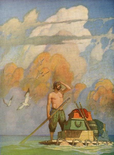 For a Mile, or thereabouts,my Raft went very well.... From Robison Crusoe by Daniel Defoe, Illustration by N.C. Wyeth
