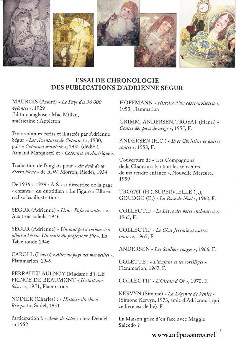 Adrienne Segur list of publications in French, with thumbnails